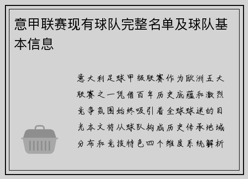 意甲联赛现有球队完整名单及球队基本信息