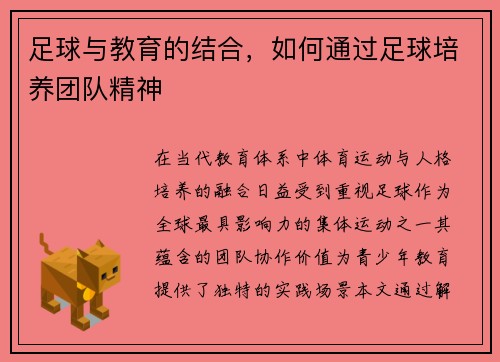 足球与教育的结合，如何通过足球培养团队精神